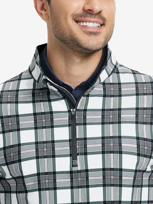 Upper front detail of Full print lightweight quarter zip pullover showing retro grey plaid accents