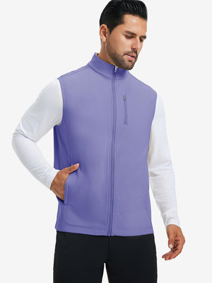 Model wearing water-resistant fleece golf vests, hand in side pocket, relaxed fit in lavender