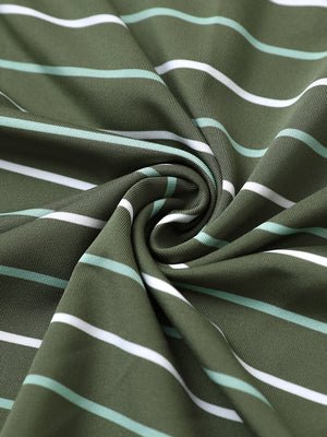 Close-up of olive green stripe stylish stripe jersey golf polo fabric showing smooth texture and breathable knit.