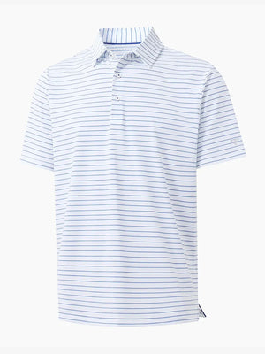 3D product view of WHITE/LIGHT BLUE STRIPE Youth Performance Golf Polo showing design and fit.