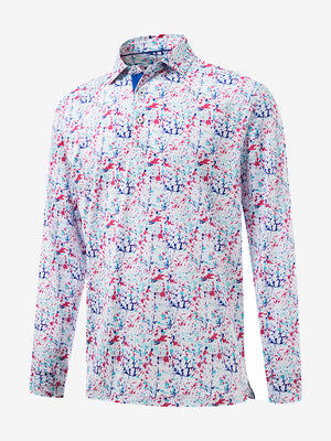 3D front view of the lightweight print long sleeve polo in white painting, modern and athletic design.