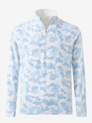 3D front view of the full print quarter zip pullover in sky blue camo, showcasing bold and modern style.