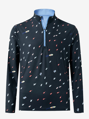 3D front view of the full print quarter zip pullover in ocean yacht, showcasing bold and modern style.