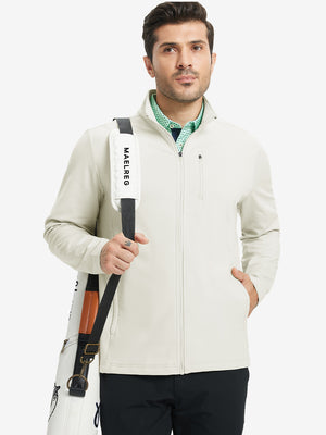 Model wearing cream lightweight casual fleece jacket with 5 pockets, hand in pocket, tennis bag