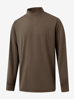 3D front display of Men’s Long Sleeve Mock Turtleneck Shirt in Brown, clean and modern fit.