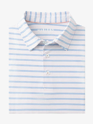 Folded Light Pink Cobalt Stripe Performance Stripe Golf Shirt displayed flat