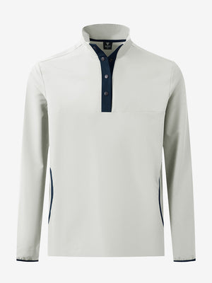 3D front view of the mock neck quarter button golf pullover in silver gray, sleek and modern design.