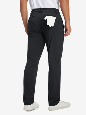 Back view of soft lightweight casual golf pants with 5 pockets, clean fit and structure in black.