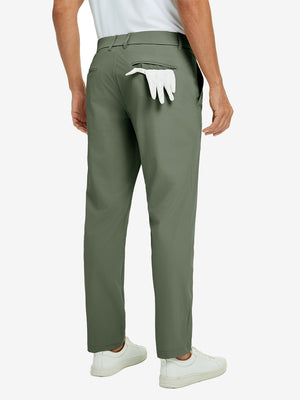 Back view of olive green quick dry casual dress pants, golf glove tucked in rear pocket for sporty touch.