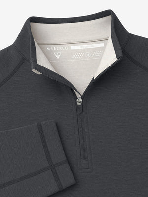 Close-up display of shirt collar structural details, dry fit athletic 1/4 zip sweatshirt in black heather