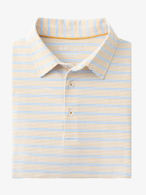 Folded Orange Blue Stripe Performance Stripe Golf Shirt displayed flat