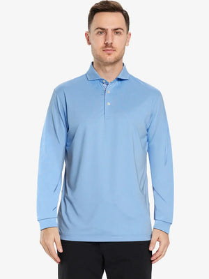 Front half-body view of model wearing LIGHT BLUE Long Sleeve Solid Jersey Polo