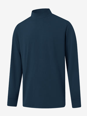 3D front display of Men’s Long Sleeve Mock Turtleneck Shirt in Navy, clean and modern fit.