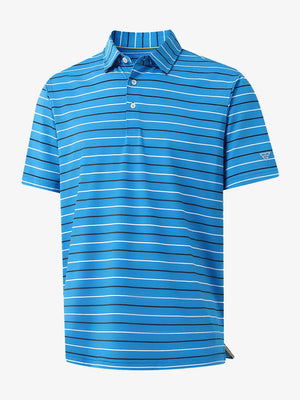3D mockup of CLASSIC BLUE STRIPE Stylish Performance Golf Polo showing fabric design and silhouette