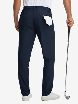 Back view of lightweight flat front casual trousers, showing structure and fit in navy.