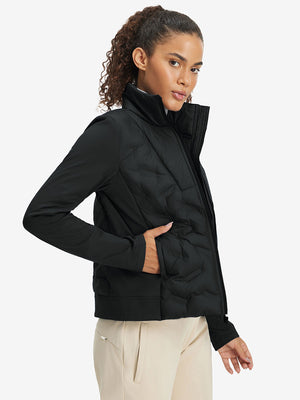 Model wearing women's lightweight fleece-lined puffer jacket, black, front upper-body look.