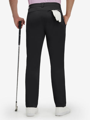 Back lower body shot of model wearing black breathable casual slacks with 4 pockets