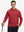 Model holding golf club, wearing dry fit stretchy sweatshirts hoodie in red, sporty and casual.