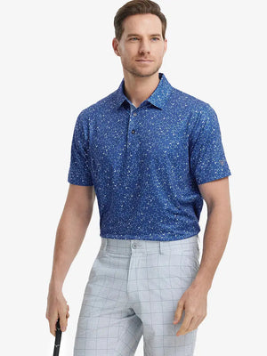 MAELREG Men's Performance Jersey Print Polo in Blue Molecular Structure – front half-body with golf pose