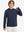 Front upper body view of youth long sleeve hoodied with kangaroo pocket in navy, casual fit.