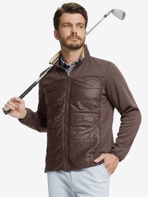 Model holding golf club, dressed in Golf Fleece Thermal Winter Jacket in Dark Brown, sporty design.