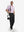 Front full body shot of model wearing black breathable casual slacks with 4 pockets