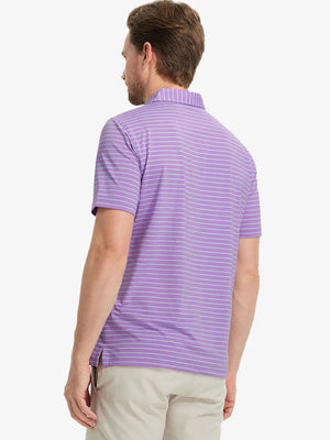 Back half-body view of LILAC/LIGHT BLUE STRIPE Polo with comfortable fit