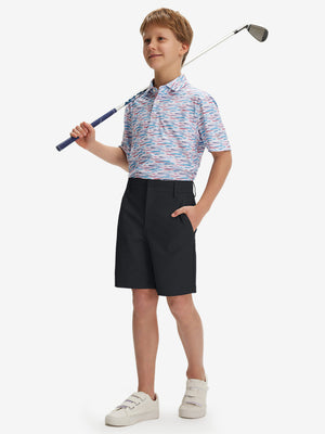Full front: model in black boys lightweight dry fit flat front golf shorts holding golf club.