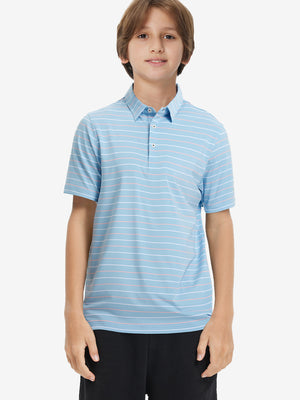 Front upper body of model wearing trendy boys stripe polo shirts, casual fit in misty blue stripe