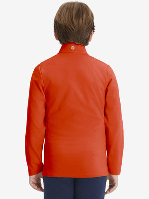 Model in kids soft lightweight fleece lined jacket in orange, showing back half-body view.