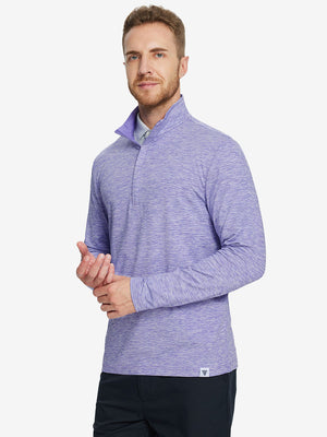 Men wearing Heather Pinstripe Brushed Dry Fit Quarter Zip Pullover in lavender heather, front half body fit view