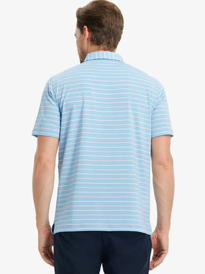 Back half-body view of model wearing MISTY BLUE STRIPE Stylish Performance Golf Polo