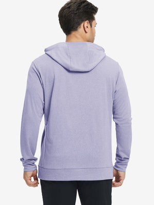 Back upper body view of the light purple melange classic heather hoodie, model turns head slightly with ease.