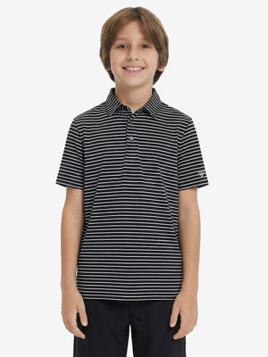 Front upper body of model wearing youth performance golf polos, clean fit and sporty black/white stripe look