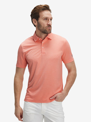 Front waist-up shot of model wearing orange red grid ultra-light quick dry moisture wicking collared polo shirt