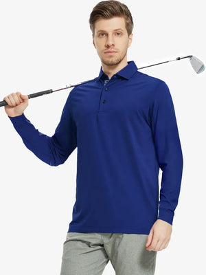 Model in KLEIN BLUE Long Sleeve Solid Jersey Polo holding golf club with confident front pose