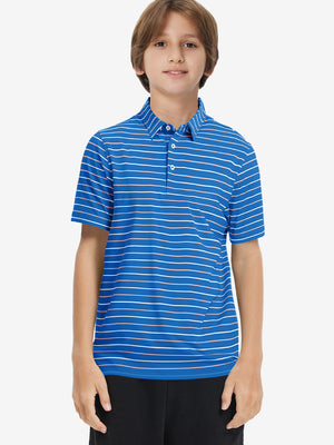 Front upper body of model wearing trendy boys stripe polo shirts, casual fit in blue stripe