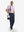 Front full body shot of model wearing navy breathable casual slacks with 4 pockets
