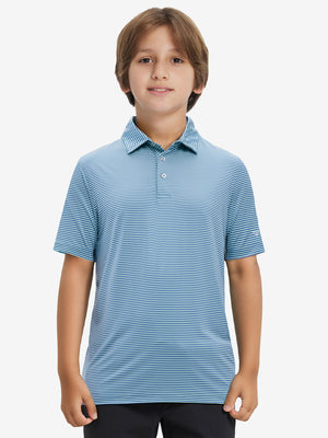Front half-body shot of youth in green ash stripe performance cooling polo, highlighting design and fit