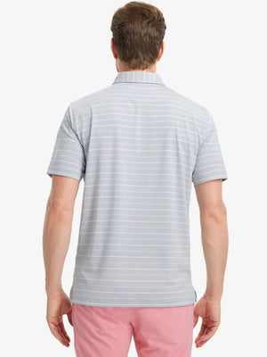 Back half-body view of model wearing LIGHT GREY STRIPE Stylish Performance Golf Polo