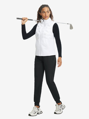 Full-body front view of model wearing women's stretch fleece lined water resistant joggers in black.
