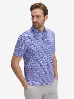 Front waist-up shot of model wearing pink purple flower performance quick dry print golf polos