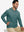 Model sitting with one hand in pocket wearing casual solid fleece hoodies pullover in ocean green.