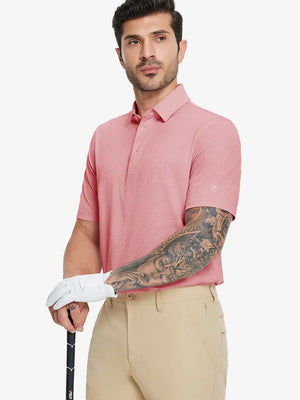 Half-body front view of model holding golf club wearing PINK HEATHER Premium Stretch Heather Polo.