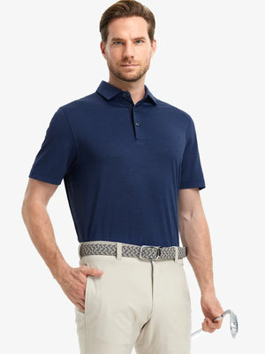 Model holding golf club, front half-body in DARK BLUE HEATHER Ventilated Heather Jacquard Polo