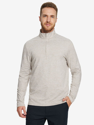 Men wearing Heather Pinstripe Brushed Dry Fit Quarter Zip Pullover in taupe heather, front half body fit view