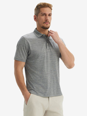 Front waist-up shot of model wearing light grey flower breathable jacquard pattern 3-button golf polo