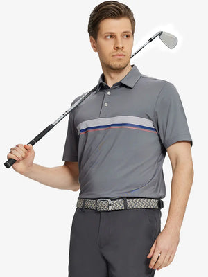 Model holding golf club in LIGHT GREY Chest Print Polo Shirts