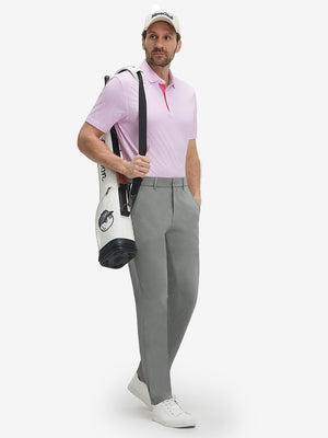 Front full body shot of model wearing gray blue breathable casual slacks with 4 pockets