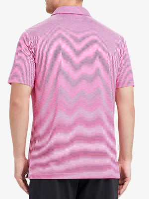 Rear half-body shot of Cooling Stripe Golf Shirt in ROSE STRIPE, showcasing stripe alignment and fit
